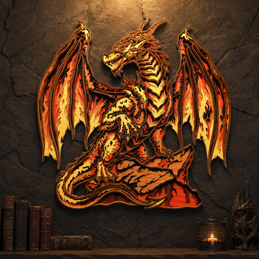 Fire Dragon Layered SVG | Flaming Dragon Wall Art Laser Cut File | Fantasy Dragon Decor | Glowforge SVG | Medieval Dragon Digital Download