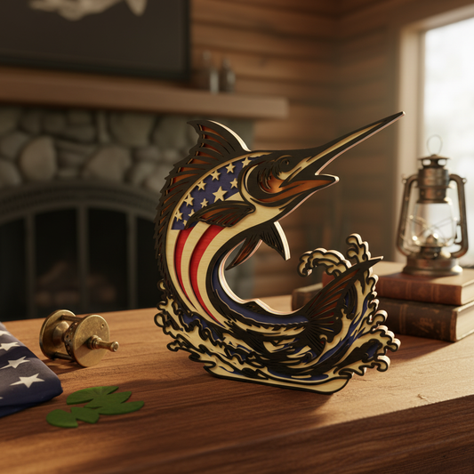 Patriotic Fishing Fish SVG Bundle | Layered American Flag Fish Laser Cut Files | Bass Catfish Marlin Fishing Decor SVG | 3D Wood Art for Glowforge, xTool & CNC