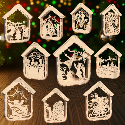 Christmas Ornament SVG Bundle | Layered Holiday House Ornament Files | Santa, Reindeer & Winter Scene Laser Cut Decorations for Glowforge