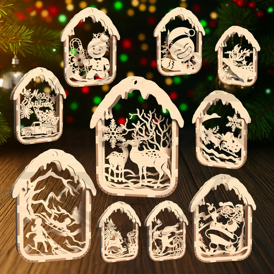 Christmas Ornament SVG Bundle | Layered Winter House Ornaments | Santa, Reindeer & Holiday Scene Laser Cut Files for Glowforge
