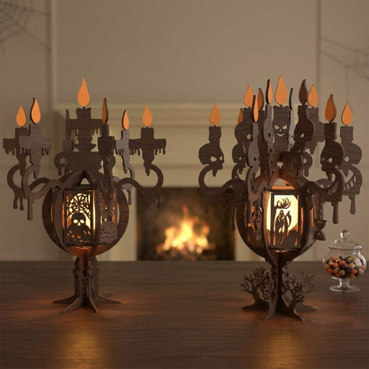 3D Halloween Candelabra Candle Holder Spooky Skull Grim Reaper Pumpkin Bundle Laser Cut Vector Design for Glowforge Table Decor