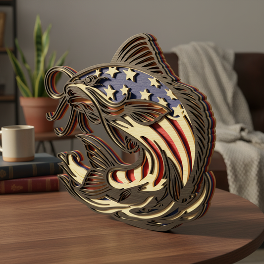 Patriotic Catfish SVG | American Flag Catfish Laser Cut File | Layered Fishing Decor SVG | USA Angler Wooden Display Design for Glowforge, xTool & CNC