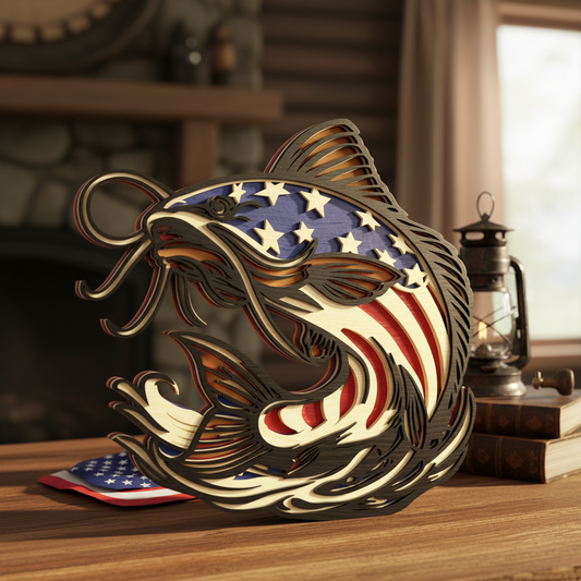 American Flag Catfish SVG | Layered Catfish Laser Cut File | Patriotic Fishing Decor SVG | USA Fisherman Wood Sign Design for Glowforge, xTool & CNC