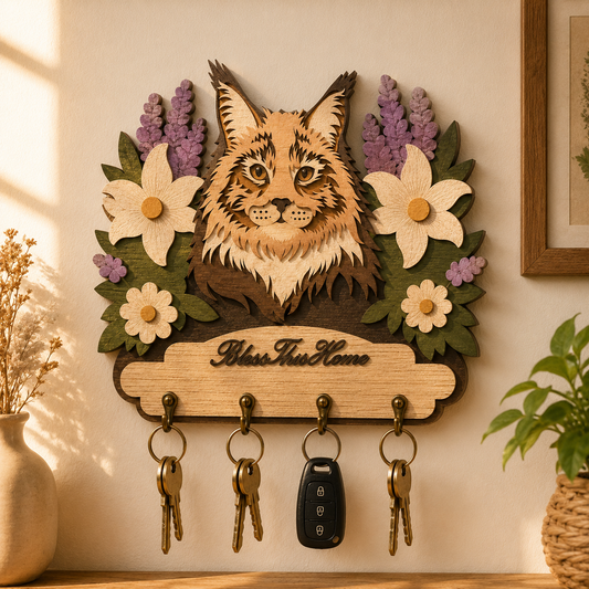 Multilayer Maine Coon Cat Key Holder Bless This Home Sign Floral Universal Vector Design for All Laser Cutters xTool Glowforge CNC