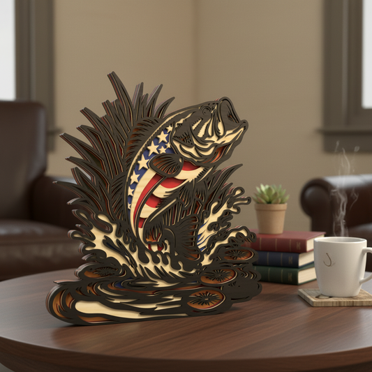 Patriotic Bass Fish SVG | American Flag Bass Laser Cut File | Layered Fishing Decor SVG | USA Fisherman Wooden Display Design for Glowforge, xTool & CNC