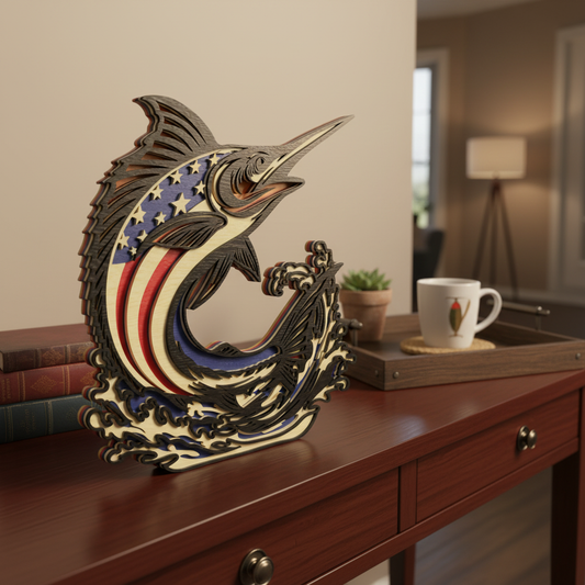 Patriotic Marlin SVG | American Flag Marlin Laser Cut File | Layered Sport Fishing Decor SVG | USA Offshore Fishing Display for Glowforge, xTool & CNC