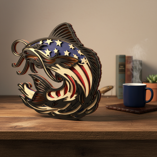 Patriotic Catfish SVG | American Flag Catfish Laser Cut File | Layered Fishing Decor SVG | USA Angler Wooden Display Design for Glowforge, xTool & CNC