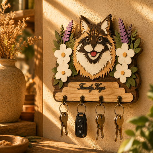 Multilayer Fluffy Cat Key Holder Family Keys Sign Floral Universal Vector Design for All Laser Cutters xTool Glowforge CNC