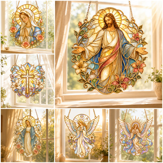 Christian Stained Glass Suncatcher SVG Bundle | Jesus Virgin Mary Angel Cross Window Hanging SVG | Religious Laser Cut Files | Christian Decor SVG | Glowforge xTool CNC
