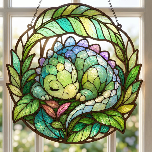 Sleeping Baby Dragon Suncatcher SVG | Stained Glass Style Dragon Laser Cut File | Fantasy Window Hanging | Layered Wood SVG Digital Download