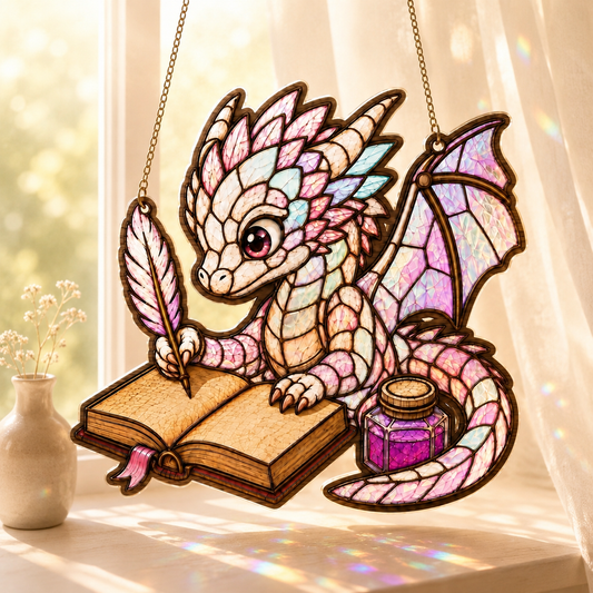 Baby Dragon Writer Suncatcher SVG | Stained Glass Dragon Reading Journal Laser Cut File | Fantasy Window Hanging | Layered Dragon Decor