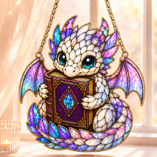 Cute Dragon Book Suncatcher SVG | Stained Glass Fantasy Dragon Laser Cut File | Book Dragon Window Decor | Layered Dragon Digital