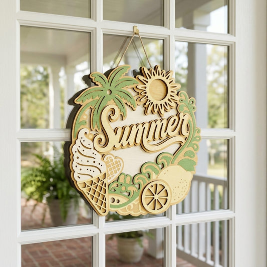 Summer Welcome Sign SVG | Layered Summer Door Hanger Laser Cut File | Tropical Beach Decor for Glowforge, xTool & CNC