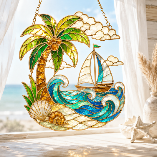 Summer Beach Stained Glass SVG | Palm Tree Sailboat Ocean Suncatcher Laser Cut File | Tropical Coastal Window Hanging SVG for Glowforge & xTool