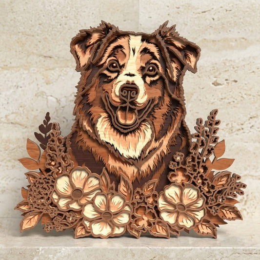 Australian Shepherd Floral Layered SVG | Aussie Dog with Wildflower Frame Laser Cut File | 3D Layered Dog Portrait SVG | Pet Memorial Wood Sign | Glowforge xTool CNC SVG