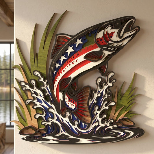 Patriotic Jumping Fish SVG | American Flag Fishing Laser Cut File | Layered Bass Wall Art | Fisherman Gift Digital Download