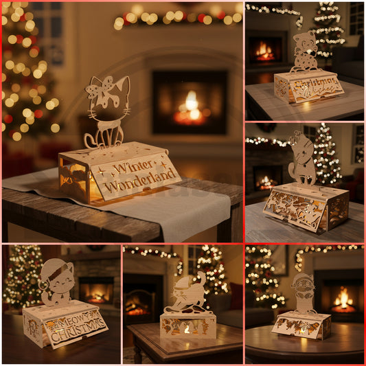 Christmas Cat Tea Light Holder SVG Bundle | Layered Holiday Cat Lantern Laser Cut Files | Wooden Christmas Decor SVG for Glowforge & xTool