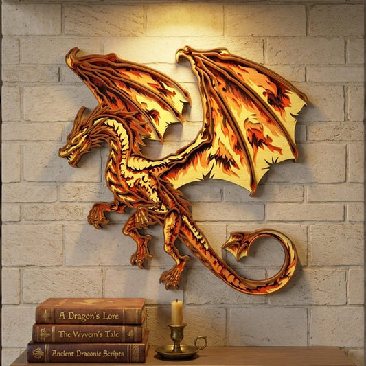 Fire Dragon Wall Art SVG | Layered Fantasy Dragon Laser Cut File | Flame Wing Dragon Decor for Glowforge, xTool & CNC