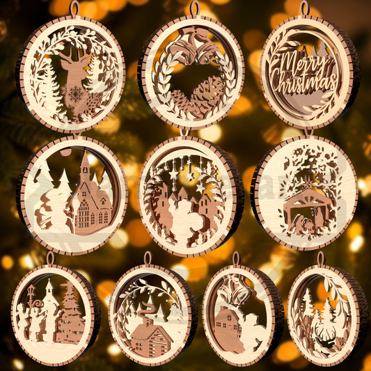 Christmas Ornament SVG Bundle | Layered Holiday Woodland Ornament Laser Cut Files | 9 Festive Hanging Designs for Glowforge & xTool