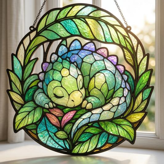 Sleeping Baby Dragon Suncatcher SVG | Stained Glass Style Dragon Laser Cut File | Fantasy Window Hanging | Layered Wood SVG Digital Download