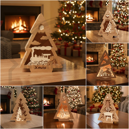 Christmas Tree Layered Lantern SVG | Wooden Christmas Tree Light Box Laser Cut File | Holiday Village LED Decor Glowforge SVG