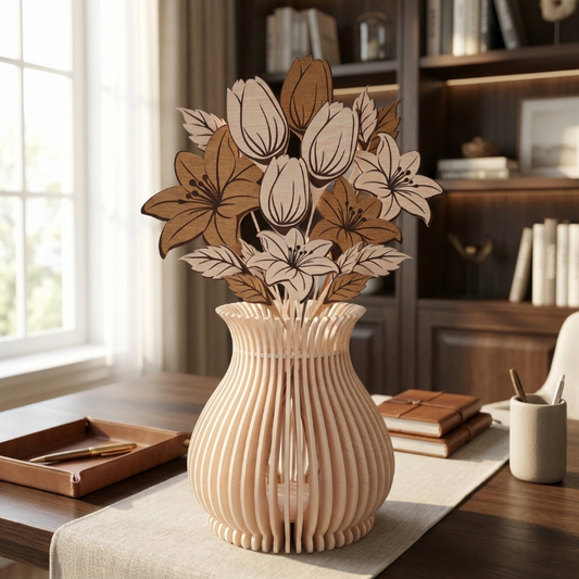 Floral Vase Lantern SVG | Layered Flower Vase Laser Cut File | Decorative Wooden LED Lamp for Glowforge, xTool & CNC