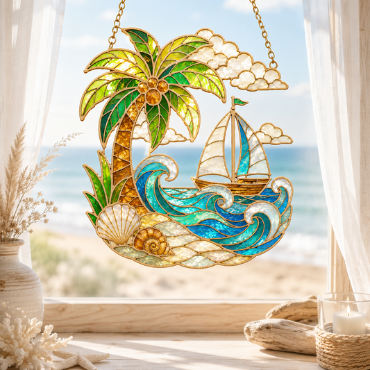 Summer Beach Stained Glass SVG | Palm Tree Sailboat Ocean Suncatcher Laser Cut File | Tropical Coastal Window Hanging SVG for Glowforge & xTool