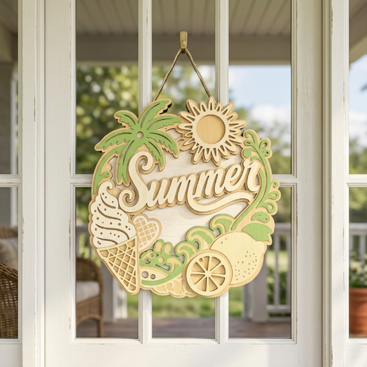 Summer Welcome Sign SVG | Layered Summer Door Hanger Laser Cut File | Tropical Beach Decor for Glowforge, xTool & CNC