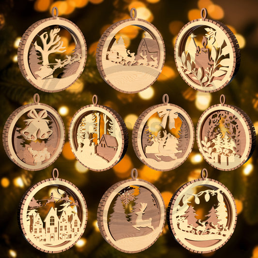 Christmas Ornament SVG Bundle | Layered Winter Hanging Ornament Laser Cut Files | 9 Holiday Woodland Designs for Glowforge & xTool
