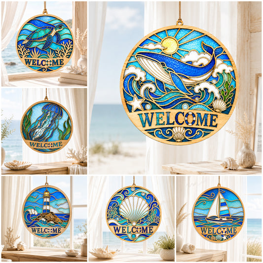 Ocean Welcome Sign SVG Bundle | Coastal Door Hanger Laser Cut Files | Sea Turtle Whale Lighthouse Nautical Welcome Sign SVG | Glowforge xTool CNC SVG