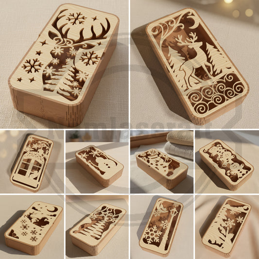 Christmas Gift Box SVG Bundle | Winter Deer Wooden Gift Box SVG | Laser Cut Holiday Candy Box Designs for Glowforge, xTool & LightBurn