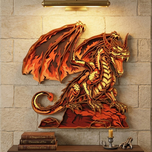 Fire Dragon Wall Art SVG | Layered Fantasy Dragon Laser Cut File | Flame Wing Dragon Decor for Glowforge, xTool, CNC & LightBurn