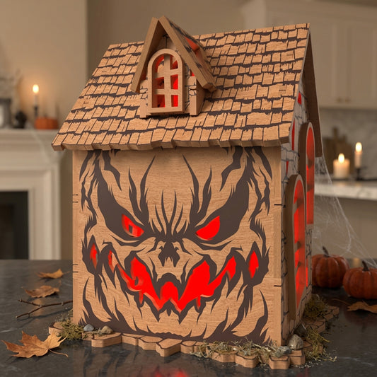 3D Halloween Haunted Cabin Light Box Spooky Demon Monster Face House Universal Vector Design for All Laser Cutters xTool Glowforge CNC