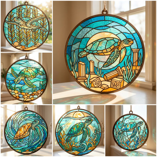 Sea Turtle Suncatcher SVG Bundle | Stained Glass Turtle Window Hanging Laser Cut Files | Ocean Turtle SVG for Glowforge, xTool & CNC