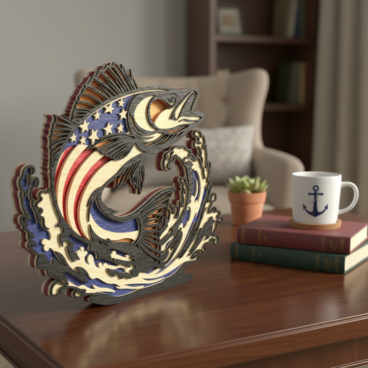 Patriotic Bass Fish SVG | Layered American Flag Bass Laser Cut File | Fishing Decor SVG | USA Angler Wall Art for Glowforge, xTool & CNC