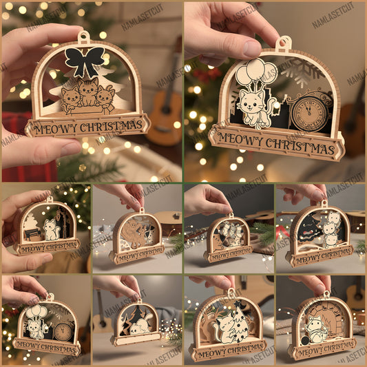 Meowy Christmas Ornament SVG Bundle | Cute Cat Holiday Laser Cut Files | Wooden Christmas Ornament Set for Glowforge, xTool & CNC