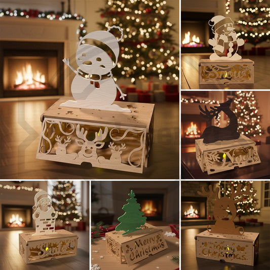 Christmas Tea Light Holder SVG Bundle | Snowman Reindeer Santa Christmas Tree Lantern Box Laser Cut File | Glowforge Christmas Decor SVG