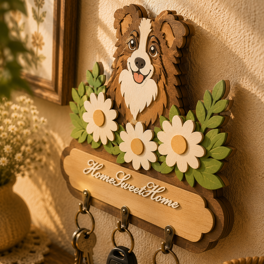 Border Collie Key Holder SVG | Dog Key Rack Laser Cut File | Home Sweet Home Wall Key Organizer SVG | Layered Wooden Dog Decor | Glowforge xTool CNC SVG