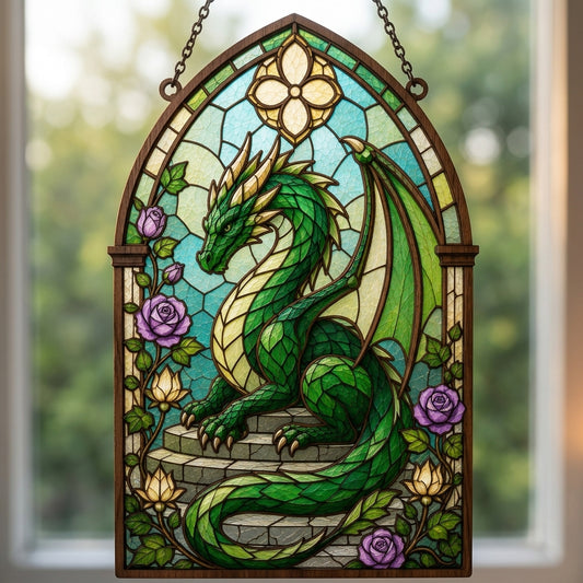 Green Dragon Stained Glass SVG | Fantasy Dragon Suncatcher Laser File | Gothic Window Dragon Wall Decor | Layered Dragon Digital Download