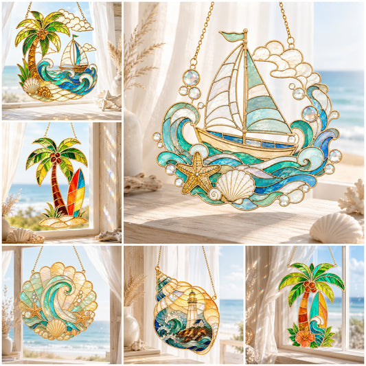 Summer Beach Stained Glass SVG Bundle | Coastal Suncatcher Collection Laser Cut Files | Palm Tree, Sailboat, Lighthouse & Ocean Wave Window Hanging SVG