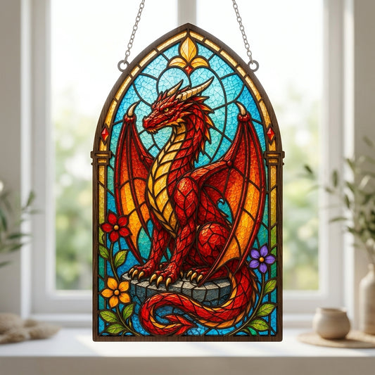 Red Dragon Stained Glass SVG | Gothic Dragon Suncatcher Laser Cut File | Fantasy Window Dragon Decor | Layered Dragon Digital Download