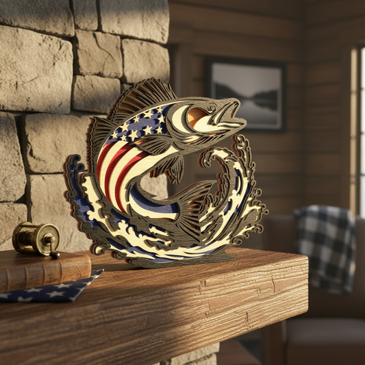 Patriotic Bass Fish SVG | American Flag Layered Fish Laser Cut File | 3D Fishing Decor SVG | USA Angler Wall Art for Glowforge, xTool & CNC