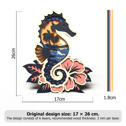 Seahorse Tropical Sunset SVG | Layered Coastal Beach Wood Art Laser Cut File | Ocean Life Decor for Glowforge, xTool & CNC