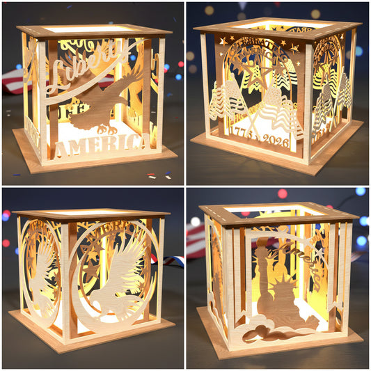 America 250 Lantern SVG Bundle | Patriotic Independence Day Layered Light Box Lantern Set | USA Eagle Liberty Laser Cut Files for Glowforge & xTool