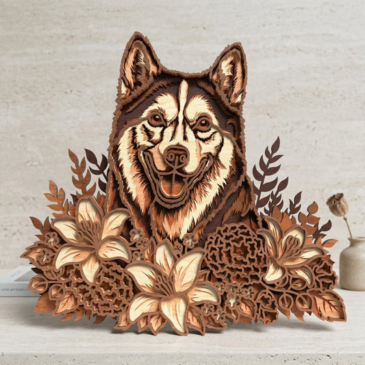 Husky Floral Layered SVG | Wolf Head with Lily Flowers Laser Cut File | Woodland Animal Wood Sign SVG | 3D Layered Wildlife Decor | Glowforge xTool CNC SVG