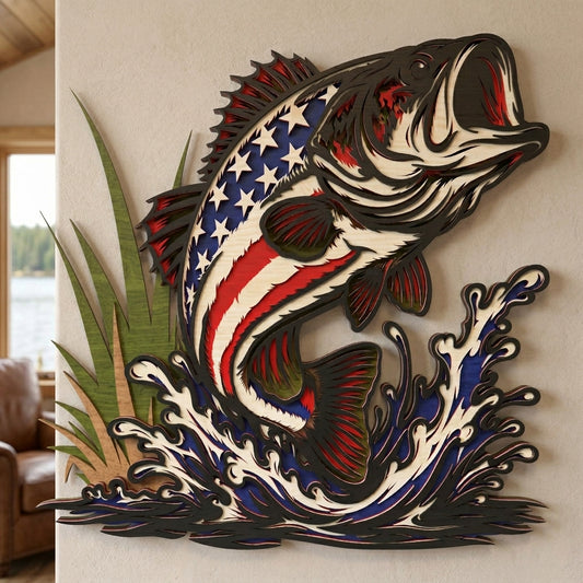 Patriotic Bass Jumping Fish Laser Cut File SVG DXF | American Flag Fish Wall Art | Glowforge LightBurn Digital Download