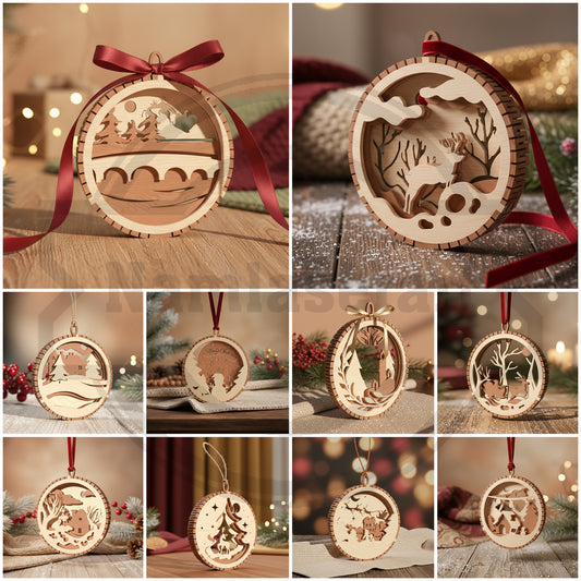Christmas Ornament SVG Bundle | Layered Winter Scene Laser Cut Files | 3D Wooden Holiday Ornament Collection for Glowforge & xTool