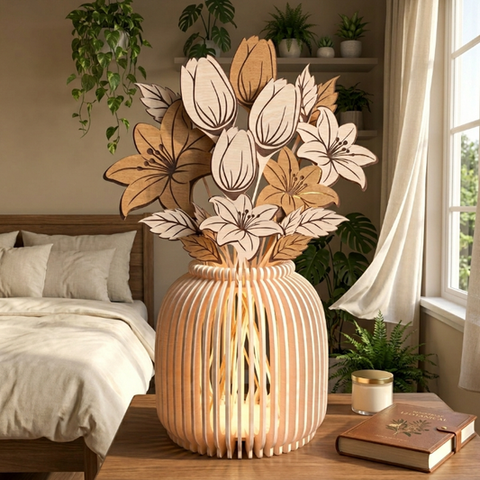 Tulip Lily Vase Lantern SVG | Floral LED Lamp Laser Cut File | Layered Wooden Flower Vase Decor for Glowforge, xTool & CNC