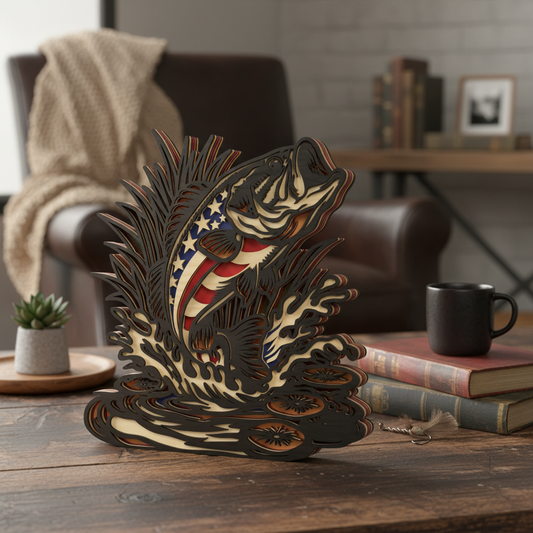 Patriotic Bass Fish SVG | American Flag Bass Laser Cut File | Layered Fishing Decor SVG | USA Fisherman Wooden Display Design for Glowforge, xTool & CNC
