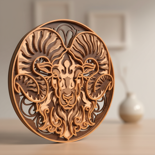 Ram Wall Art SVG | Layered Ram Head Laser Cut File | Circular Animal Decor SVG | Rustic Woodland Wooden Art for Glowforge, xTool & CNC